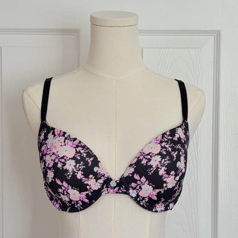 PINK Victoria's Secret Black Bra with Pink Floral Print